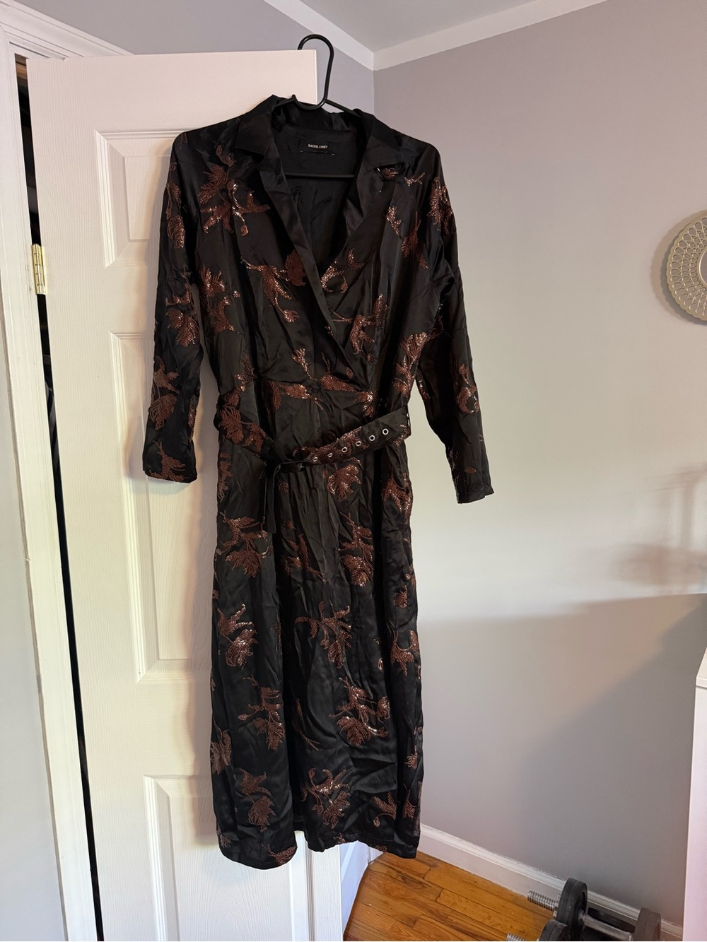 Rachel Comey Black Wrap Dress with Metallic Copper Floral
